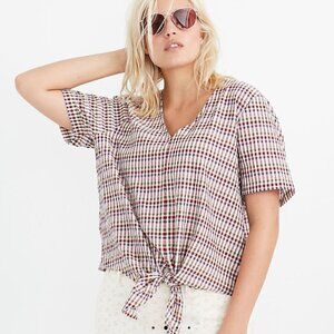 Madewell Novel V Neck Gingham Check Short Sleeve Tie-Front Top XL